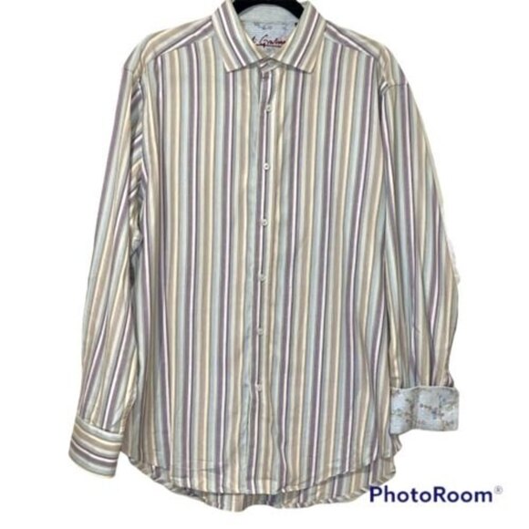 Mens Robert Graham Striped Flip Cuff  Cotton Long Sleeve Button Down Shirt Large - Picture 2 of 5